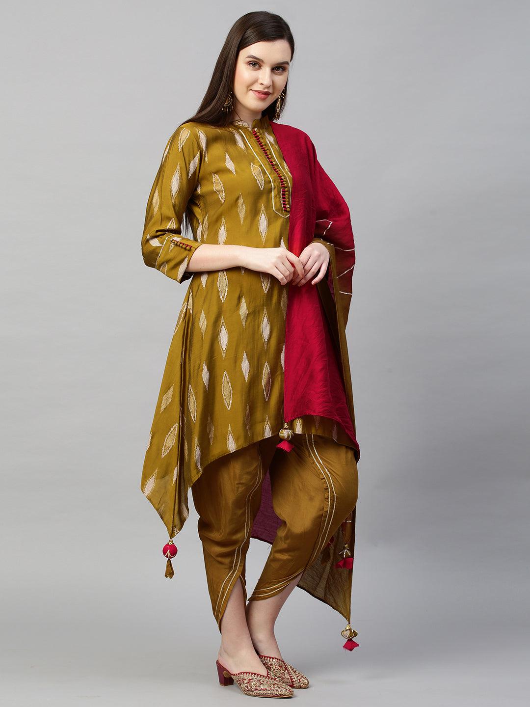 Ikat High low Kurta & Dupatta with Dhoti Pant - Ochre Yellow - Indiakreations