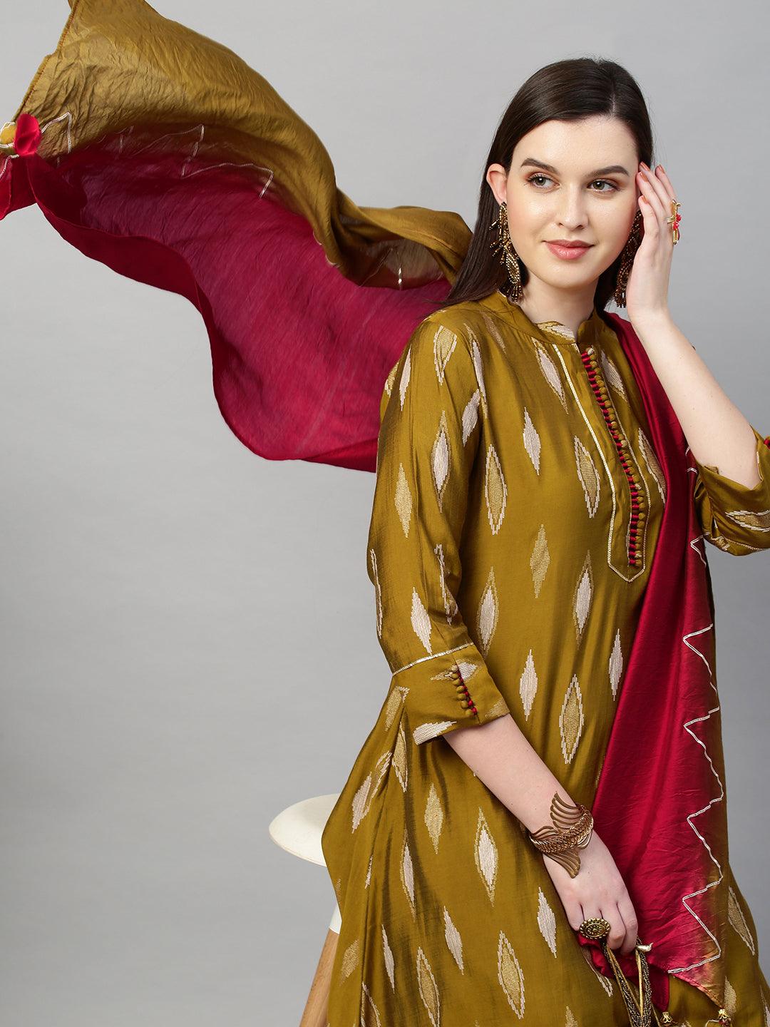 Ikat High low Kurta & Dupatta with Dhoti Pant - Ochre Yellow - Indiakreations