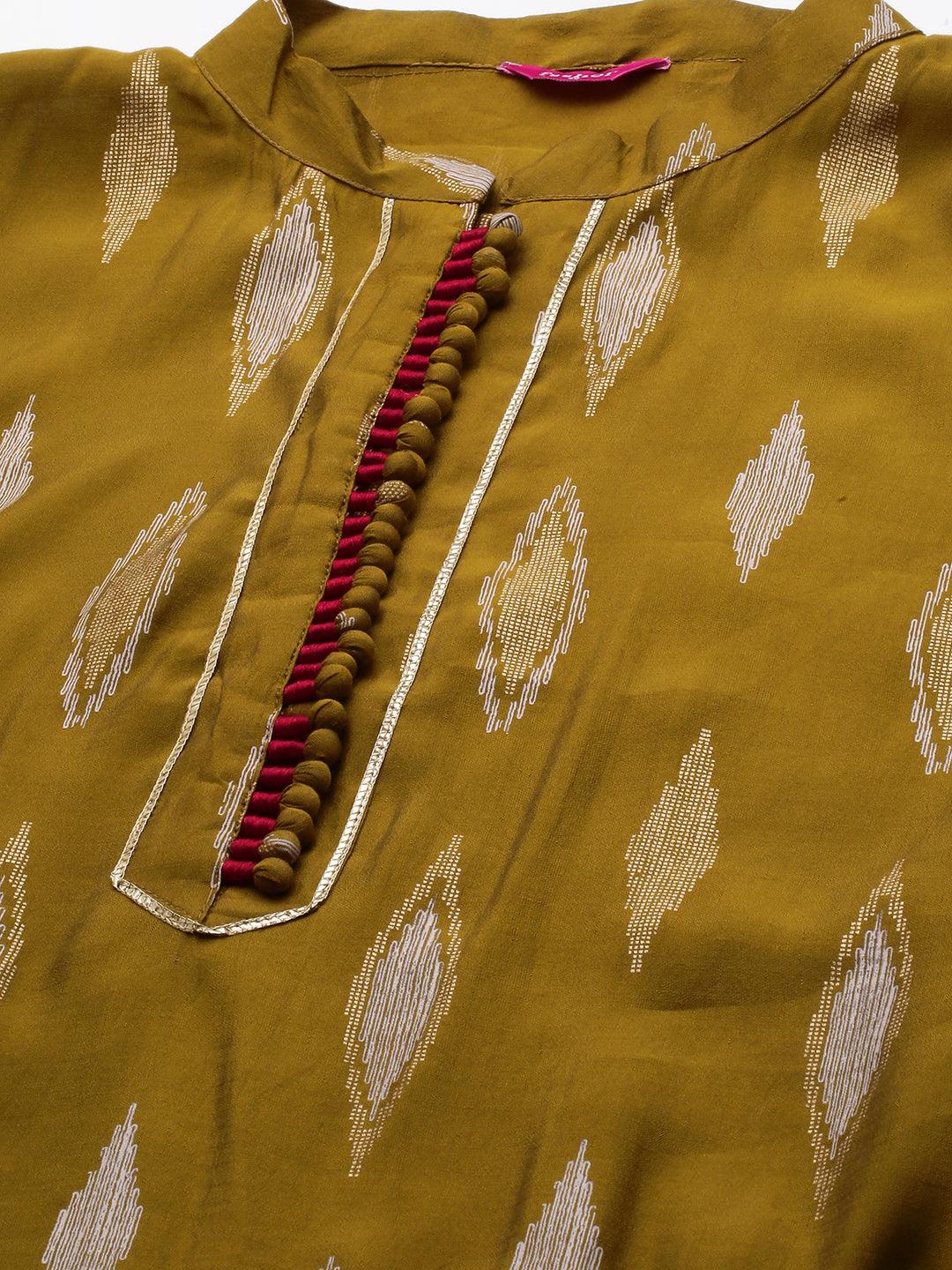 Ikat High low Kurta & Dupatta with Dhoti Pant - Ochre Yellow - Indiakreations