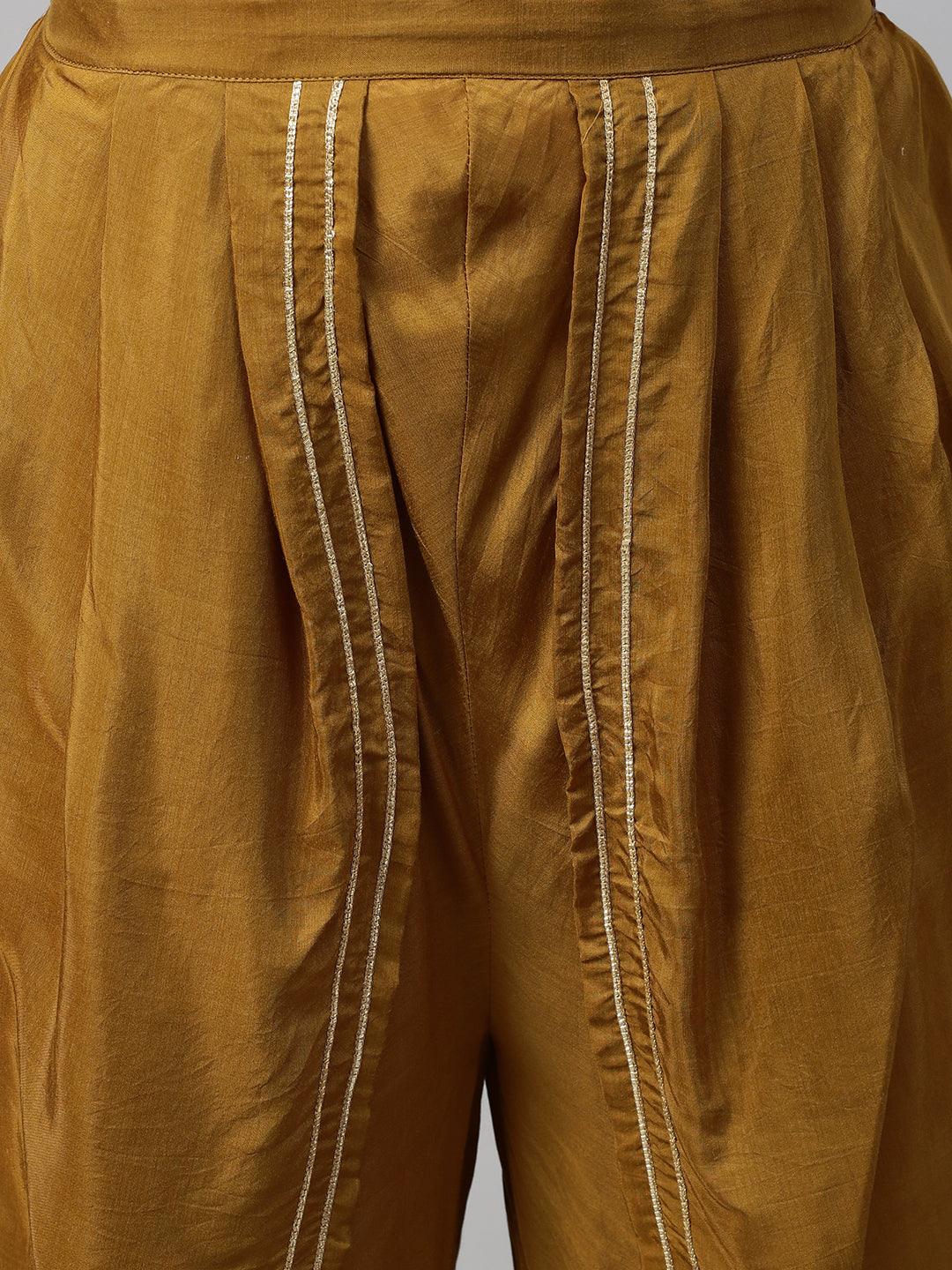 Ikat High low Kurta & Dupatta with Dhoti Pant - Ochre Yellow - Indiakreations