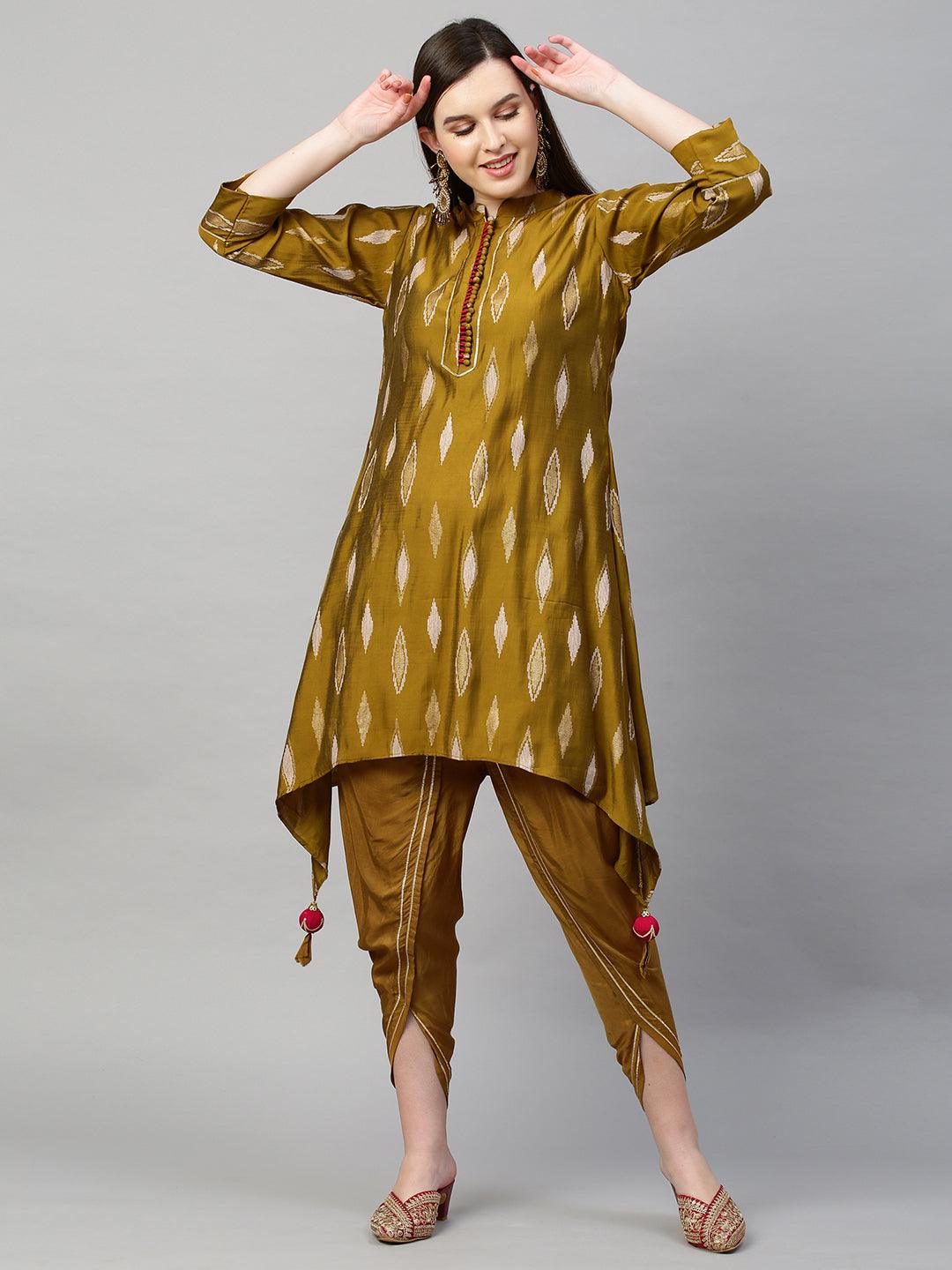 Ikat High low Kurta & Dupatta with Dhoti Pant - Ochre Yellow - Indiakreations