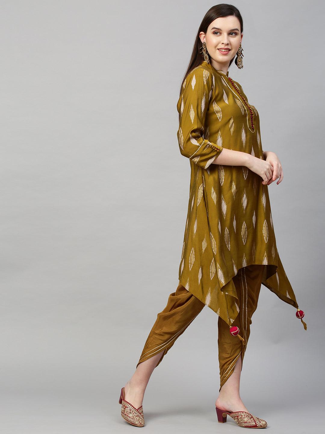 Ikat High low Kurta & Dupatta with Dhoti Pant - Ochre Yellow - Indiakreations