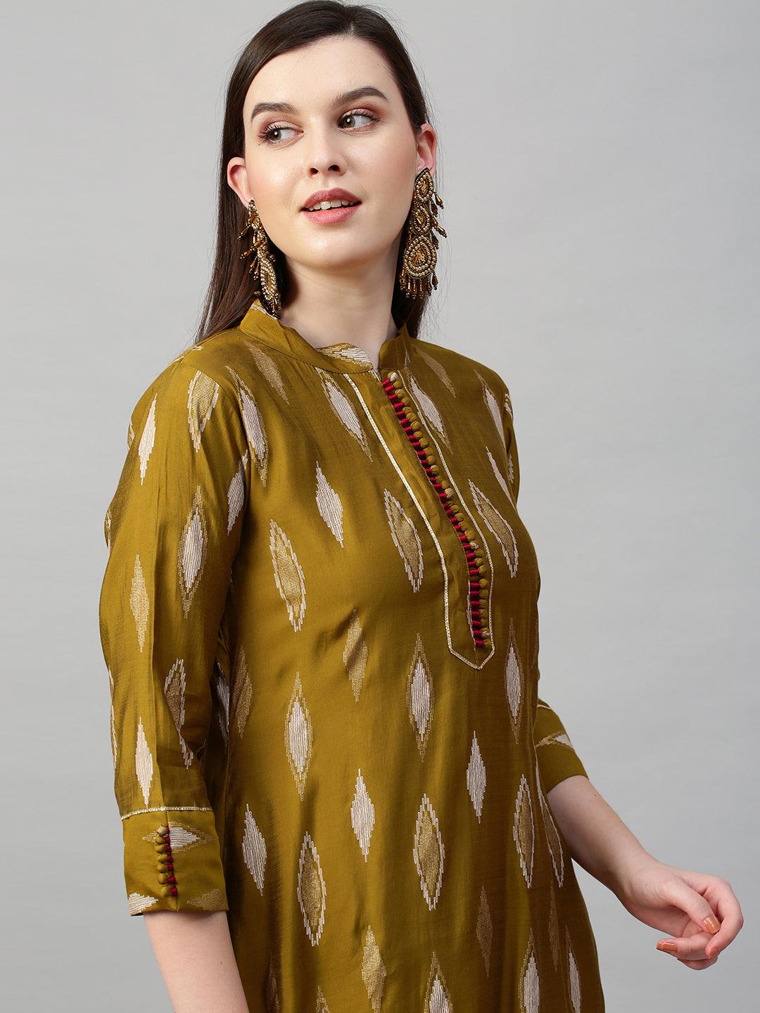 Ikat High low Kurta & Dupatta with Dhoti Pant - Ochre Yellow - Indiakreations