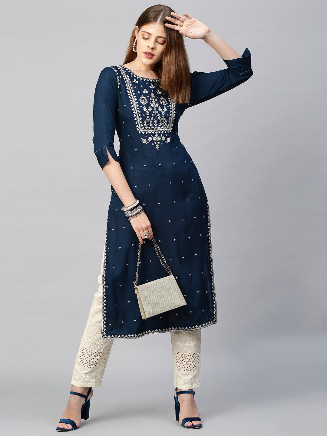 Zari Embroidered Solid Straight Kurta - Navy Blue - Indiakreations