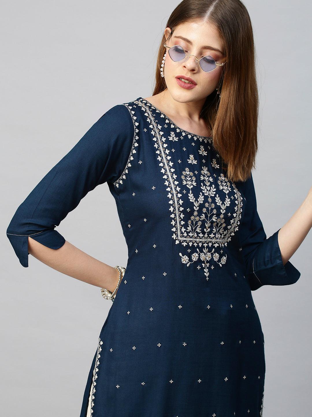 Zari Embroidered Solid Straight Kurta - Navy Blue - Indiakreations