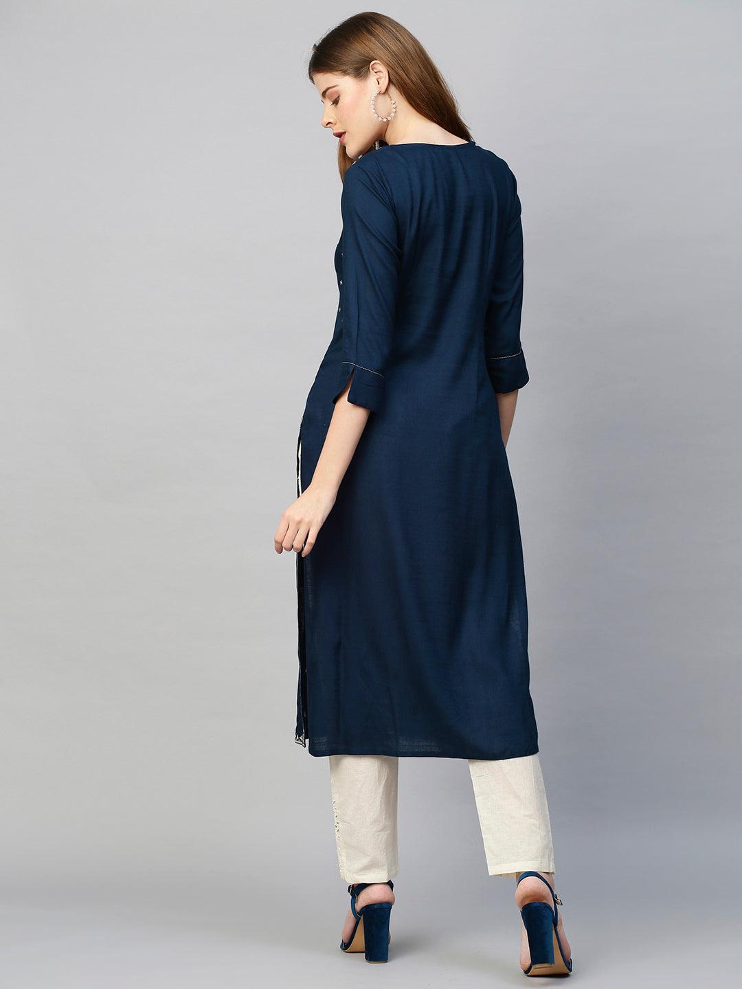 Zari Embroidered Solid Straight Kurta - Navy Blue - Indiakreations