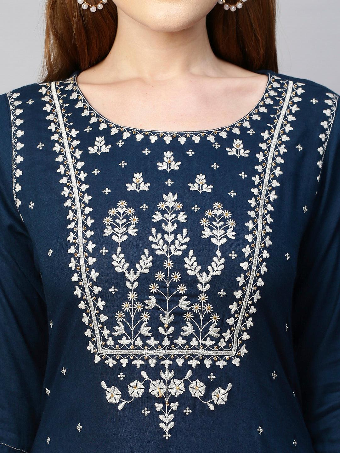 Zari Embroidered Solid Straight Kurta - Navy Blue - Indiakreations