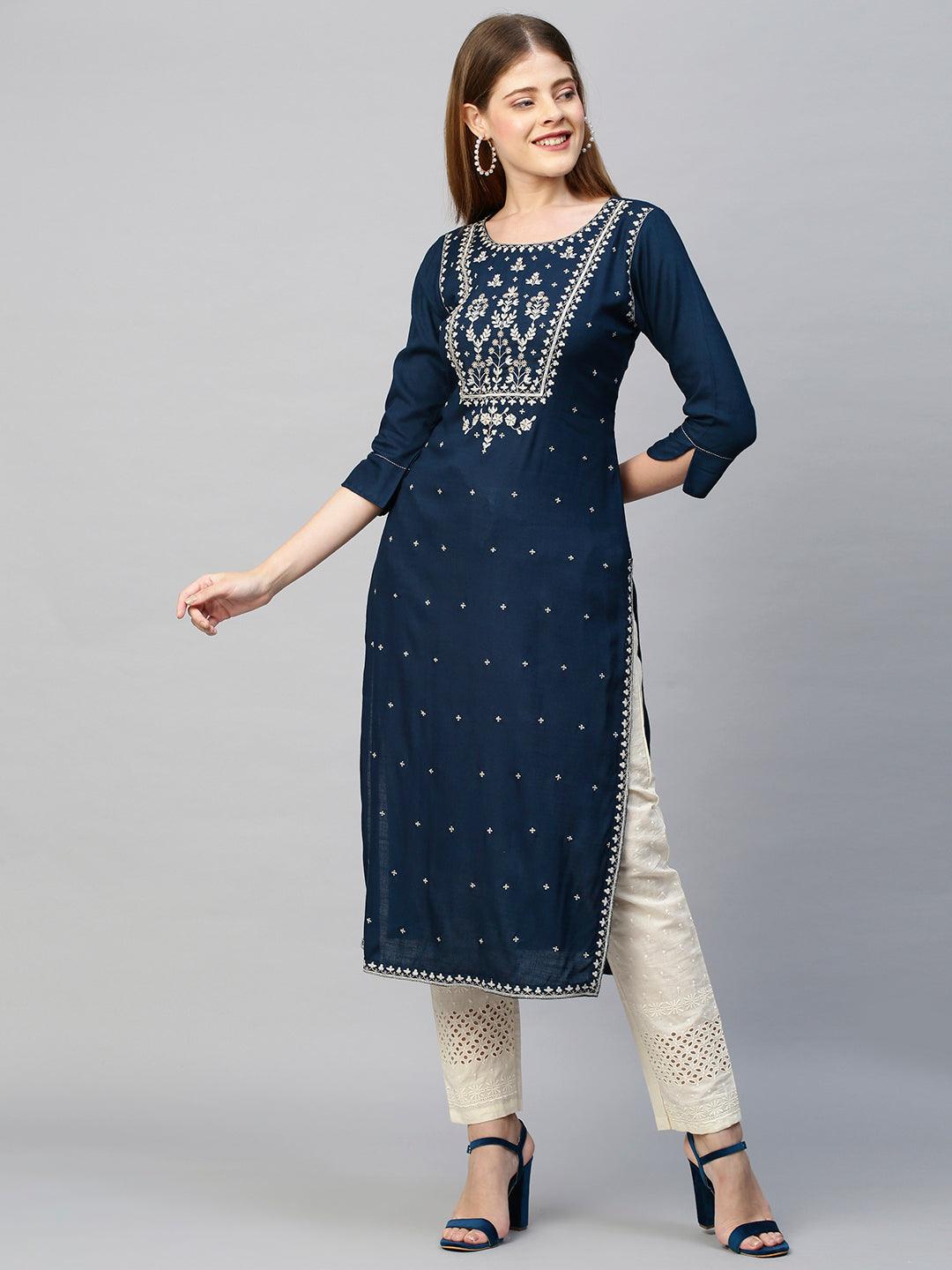 Zari Embroidered Solid Straight Kurta - Navy Blue - Indiakreations