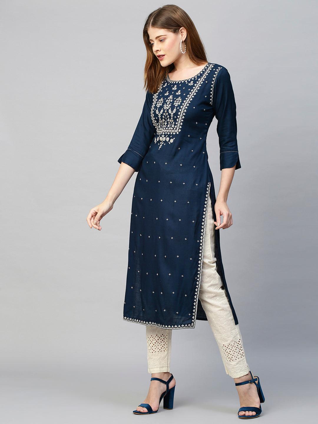 Zari Embroidered Solid Straight Kurta - Navy Blue - Indiakreations