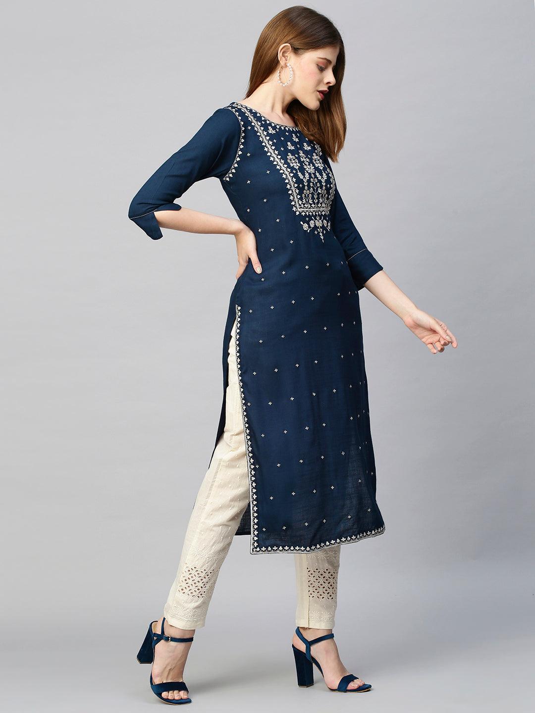 Zari Embroidered Solid Straight Kurta - Navy Blue - Indiakreations