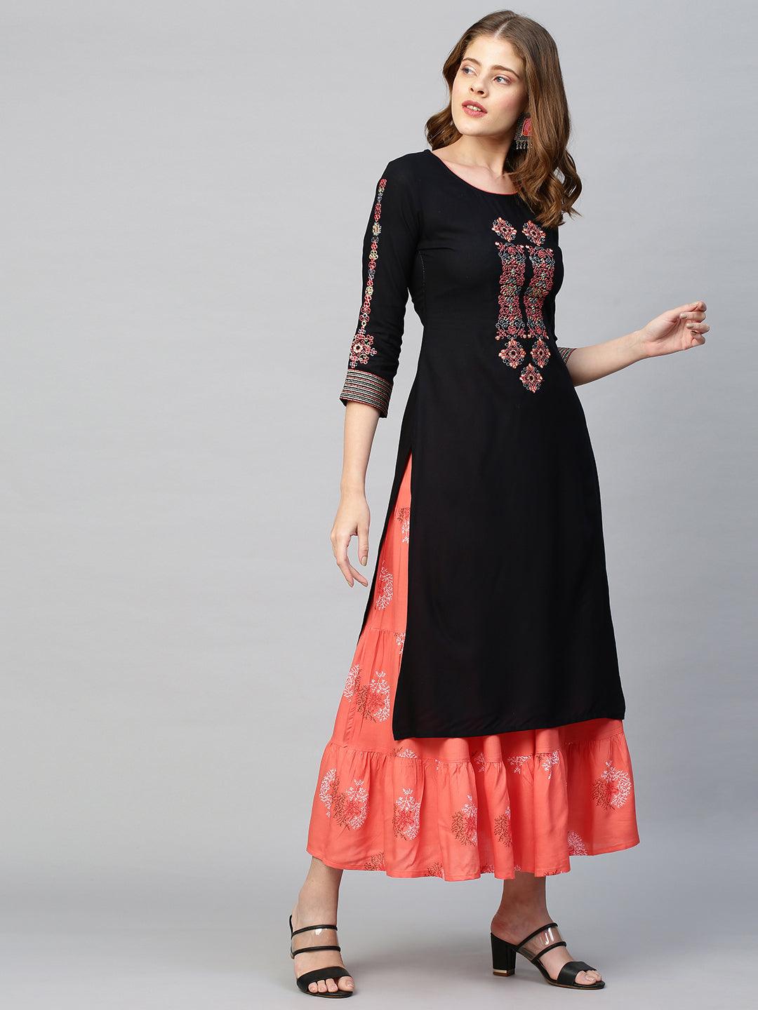 Ethnic Printed & Embroidered Straight Kurta with Skirt - Black - Indiakreations