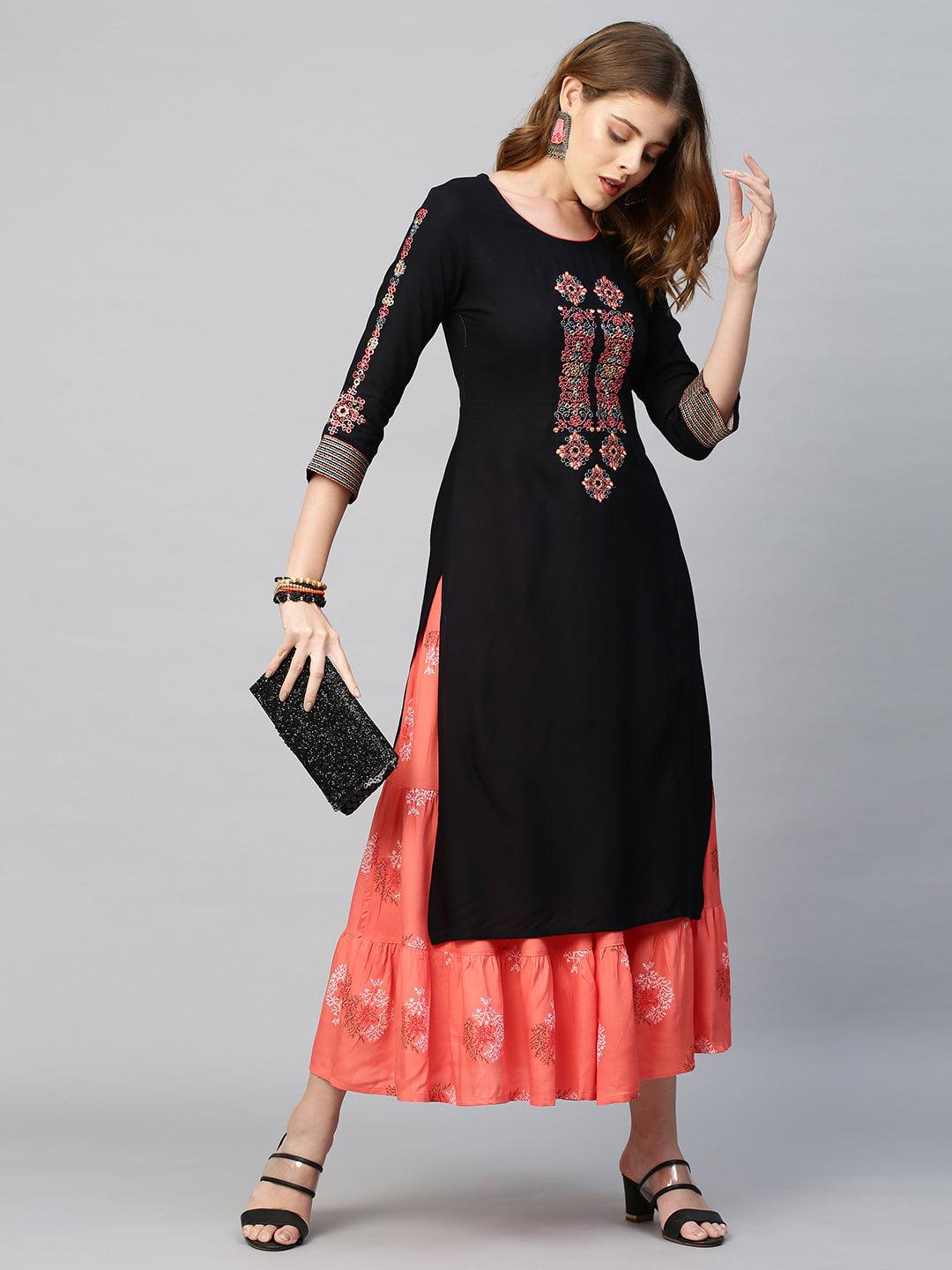 Ethnic Printed & Embroidered Straight Kurta with Skirt - Black - Indiakreations