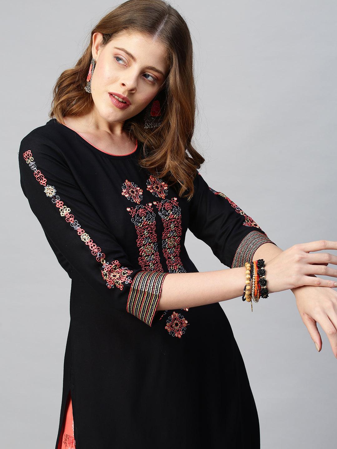 Ethnic Printed & Embroidered Straight Kurta with Skirt - Black - Indiakreations