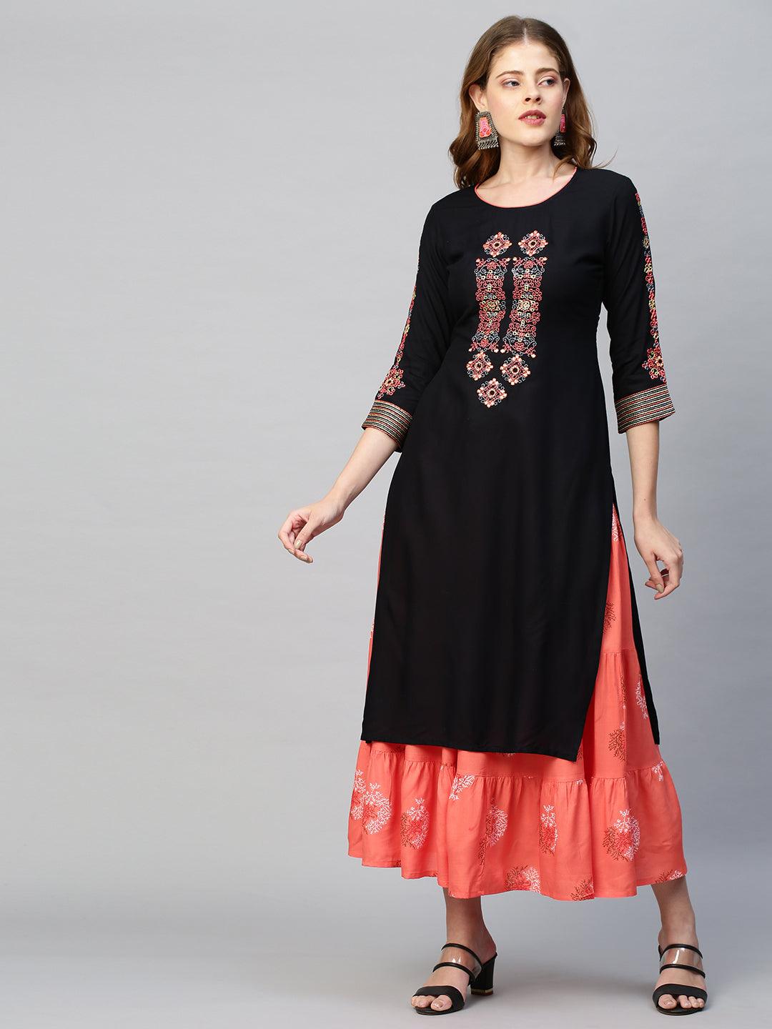 Ethnic Printed & Embroidered Straight Kurta with Skirt - Black - Indiakreations