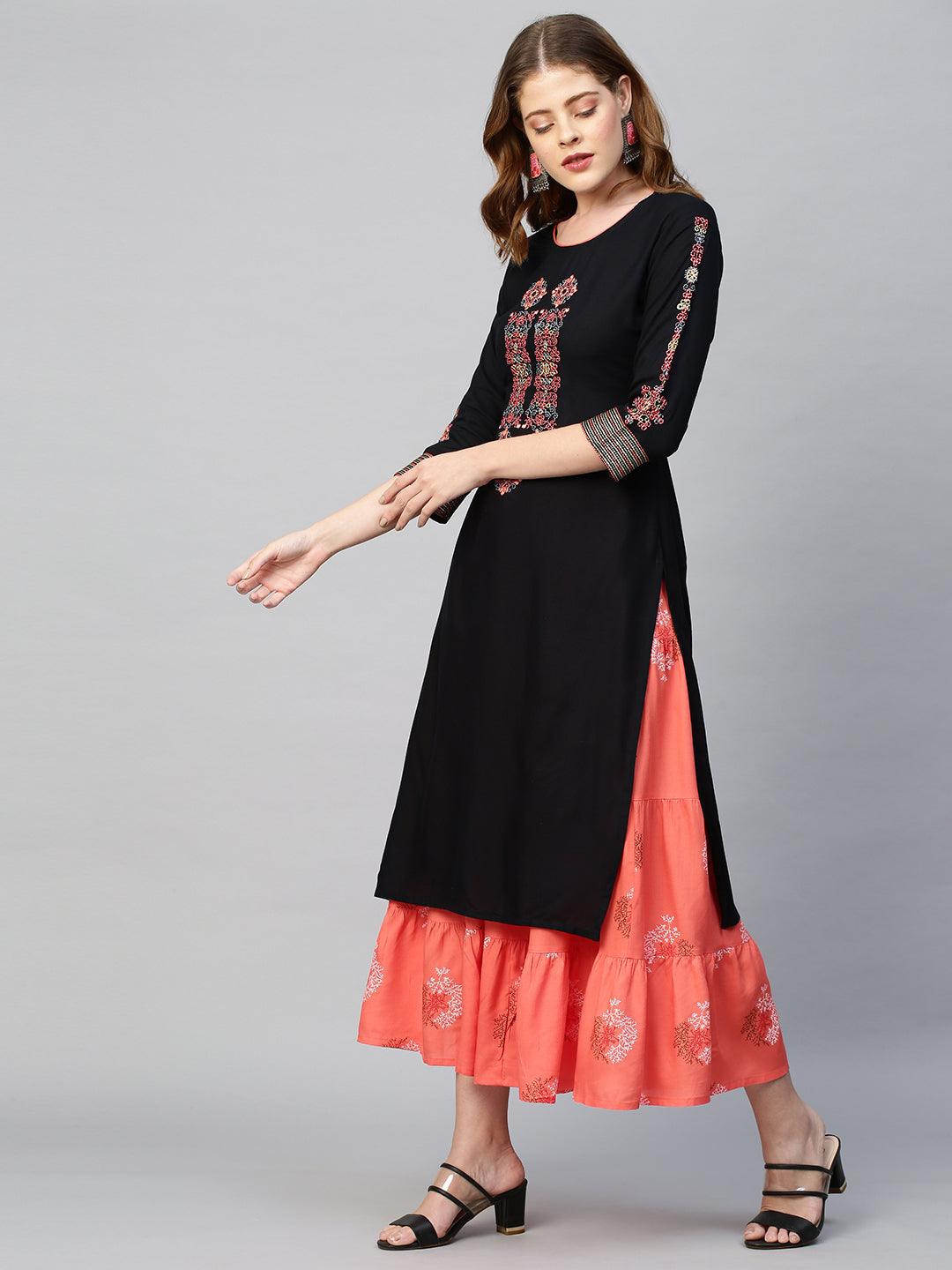 Ethnic Printed & Embroidered Straight Kurta with Skirt - Black - Indiakreations