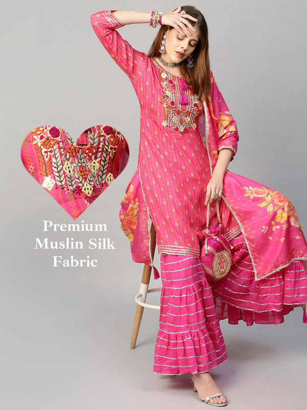 Embroidered & Printed Kurta with Sharara and Dupatta - Hot Pink - Indiakreations