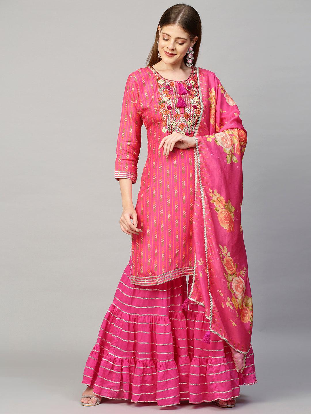 Embroidered & Printed Kurta with Sharara and Dupatta - Hot Pink - Indiakreations