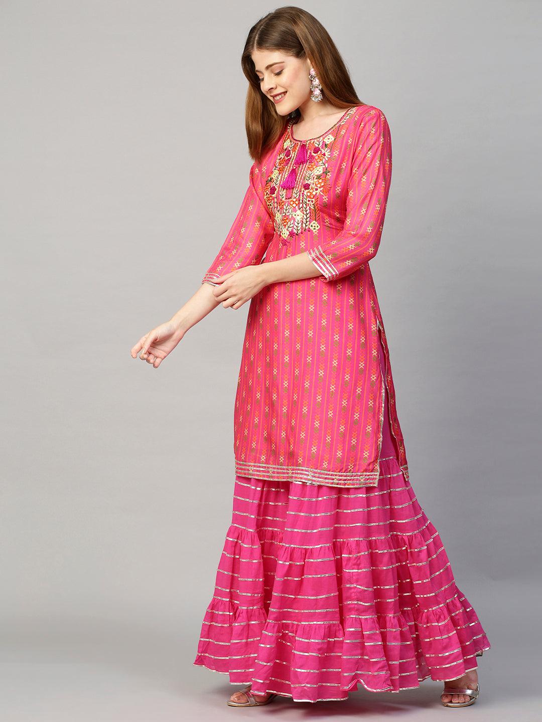 Embroidered & Printed Kurta with Sharara and Dupatta - Hot Pink - Indiakreations