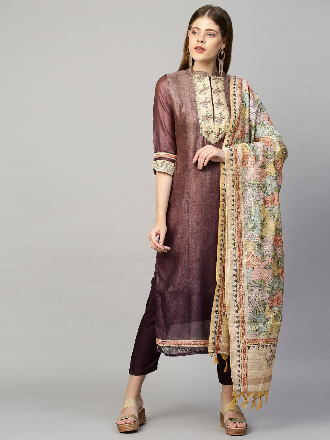 Ombre & Printed Kurta with Pants and Dupatta - Purple - Indiakreations