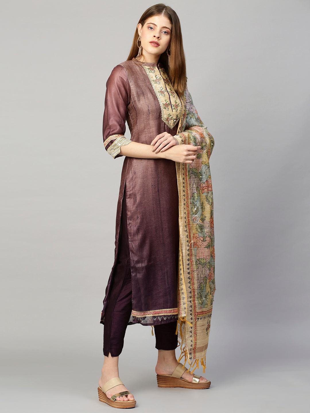 Ombre & Printed Kurta with Pants and Dupatta - Purple - Indiakreations