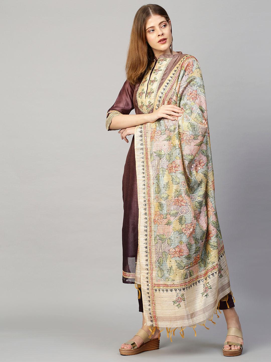 Ombre & Printed Kurta with Pants and Dupatta - Purple - Indiakreations