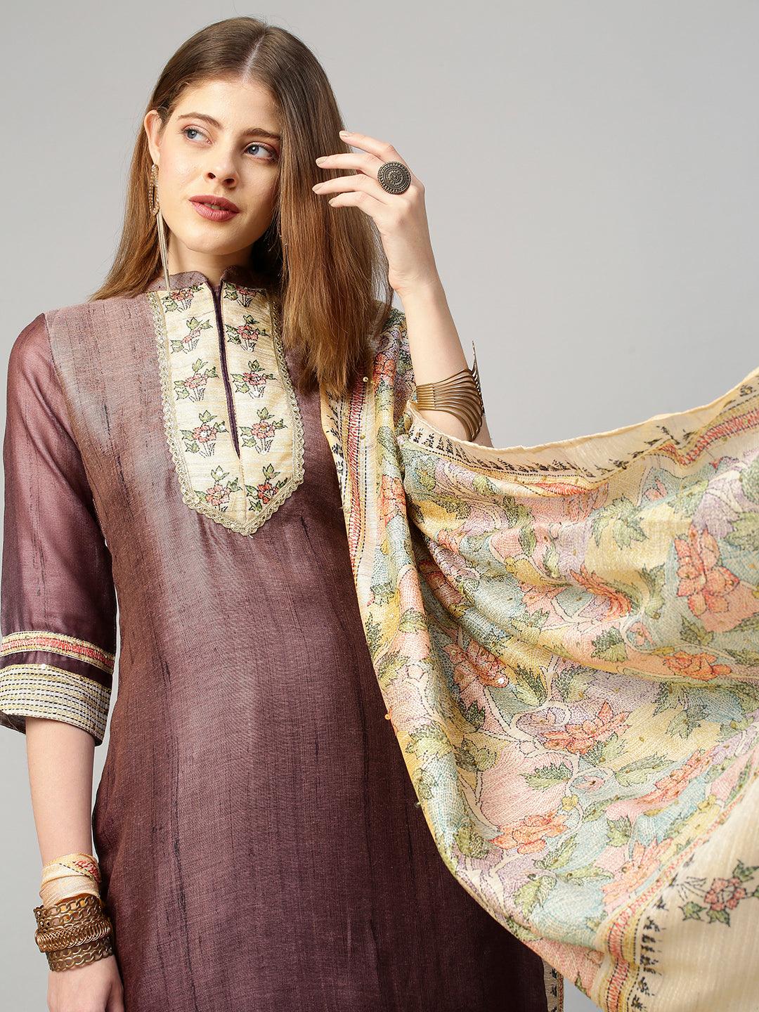 Ombre & Printed Kurta with Pants and Dupatta - Purple - Indiakreations