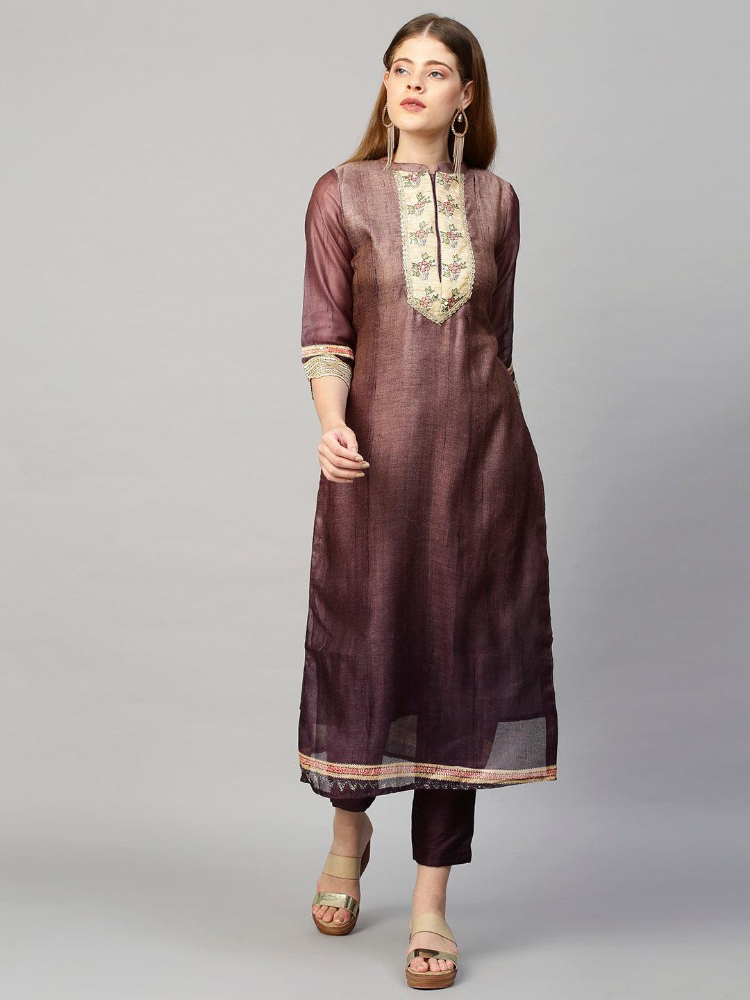 Ombre & Printed Kurta with Pants and Dupatta - Purple - Indiakreations