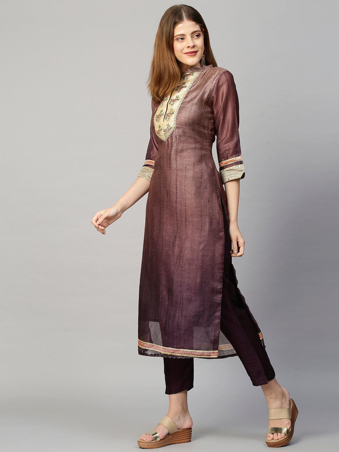 Ombre & Printed Kurta with Pants and Dupatta - Purple - Indiakreations