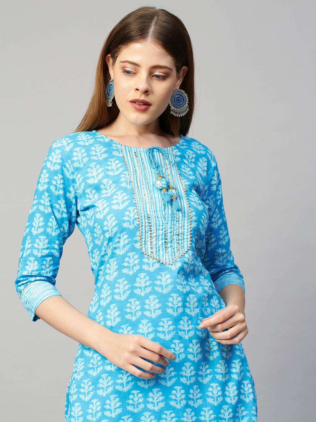 Embroidered Printed Kurta with Pants and Dupatta - Sky Blue - Indiakreations