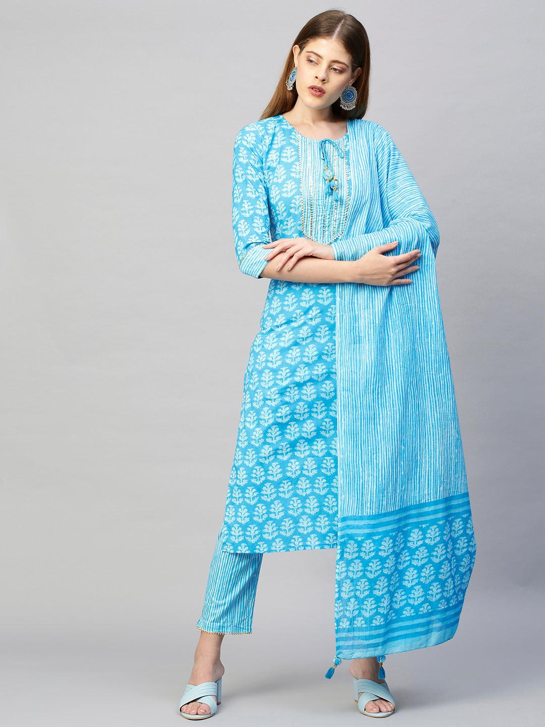 Embroidered Printed Kurta with Pants and Dupatta - Sky Blue - Indiakreations