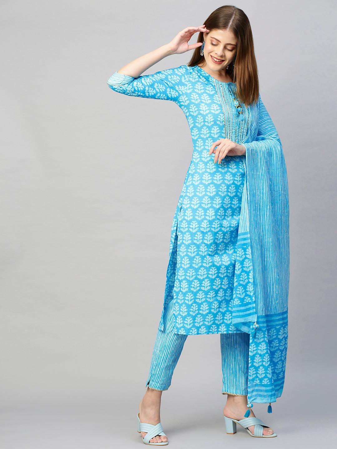 Embroidered Printed Kurta with Pants and Dupatta - Sky Blue - Indiakreations