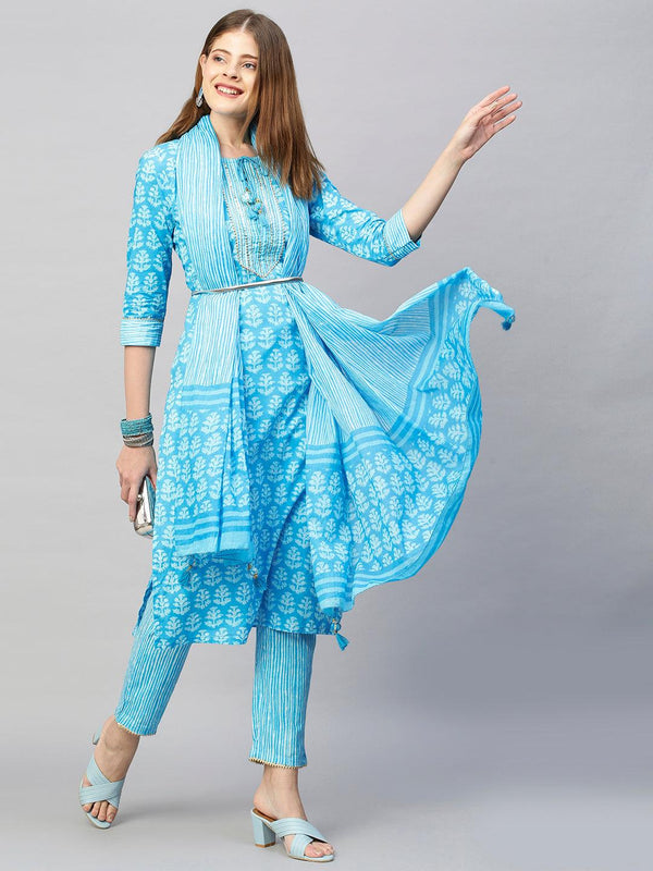 Embroidered Printed Kurta with Pants and Dupatta - Sky Blue - Indiakreations