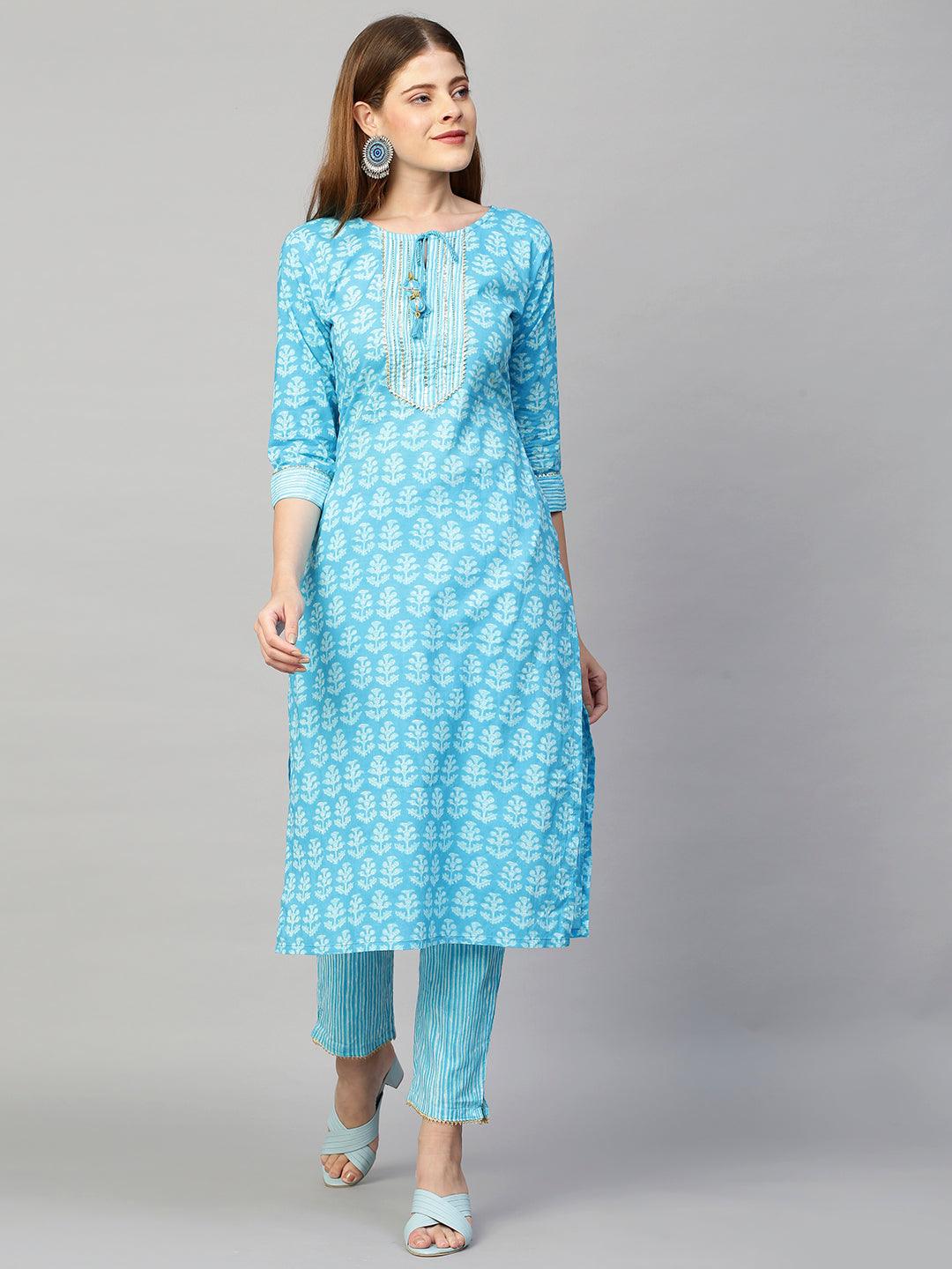 Embroidered Printed Kurta with Pants and Dupatta - Sky Blue - Indiakreations