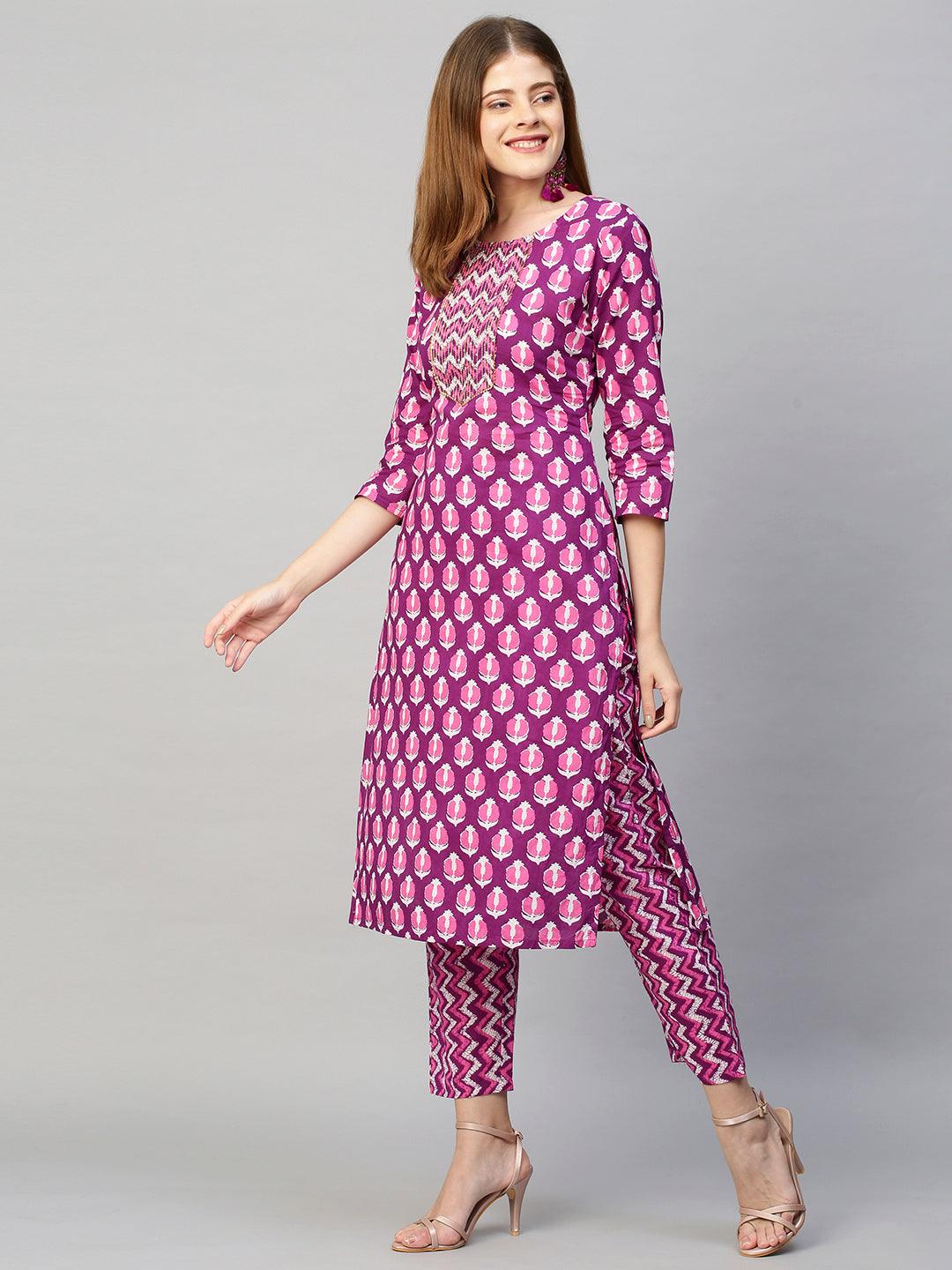 Ethnic Printed & Embroidered Straight Kurta with Pants & Dupatta - Purple - Indiakreations