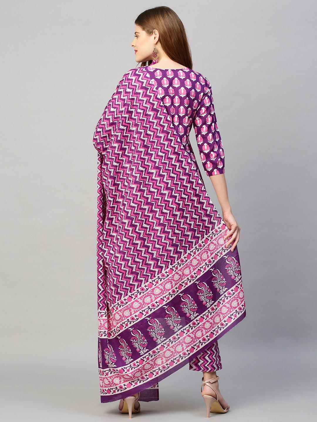 Ethnic Printed & Embroidered Straight Kurta with Pants & Dupatta - Purple - Indiakreations