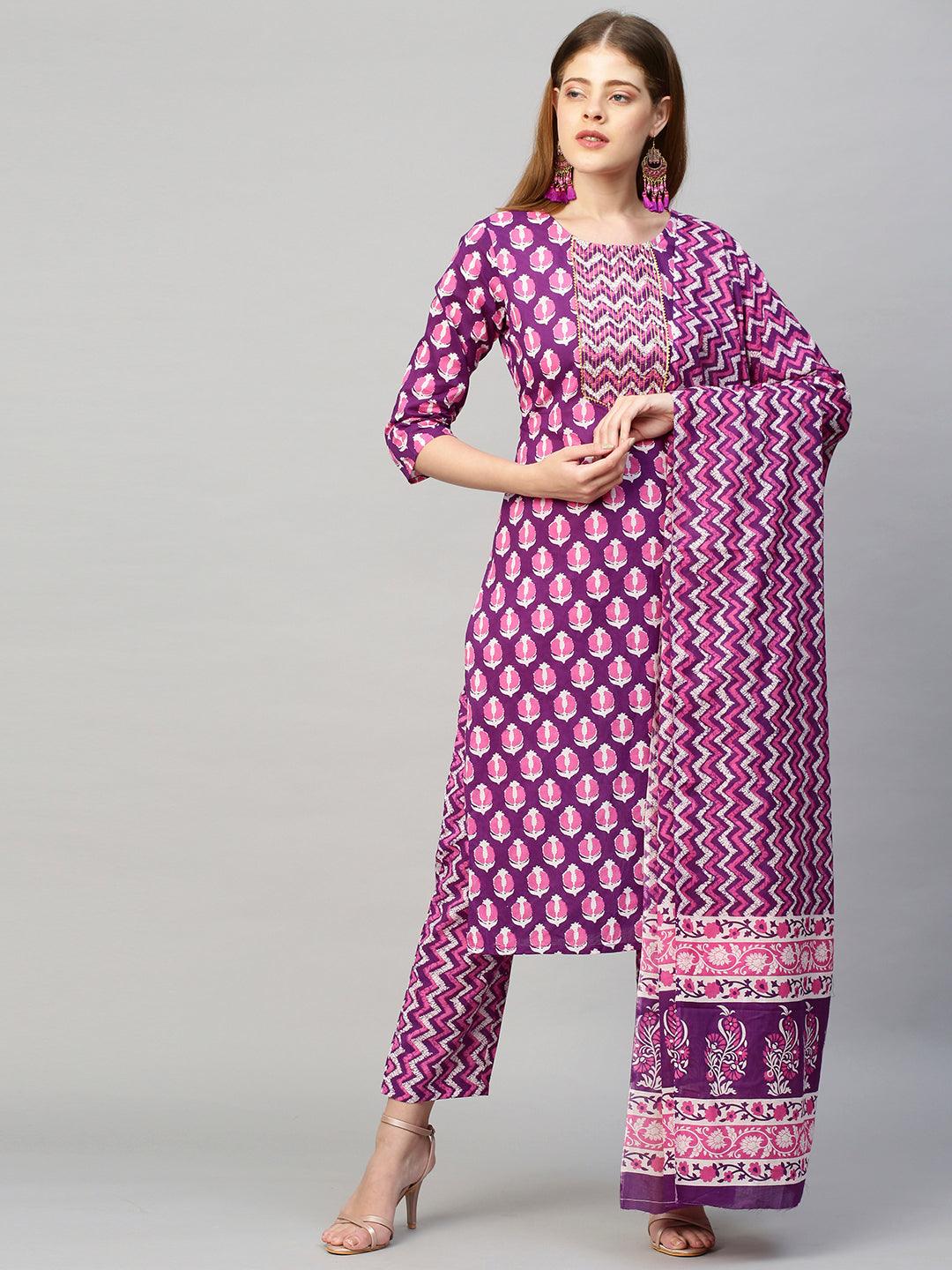 Ethnic Printed & Embroidered Straight Kurta with Pants & Dupatta - Purple - Indiakreations