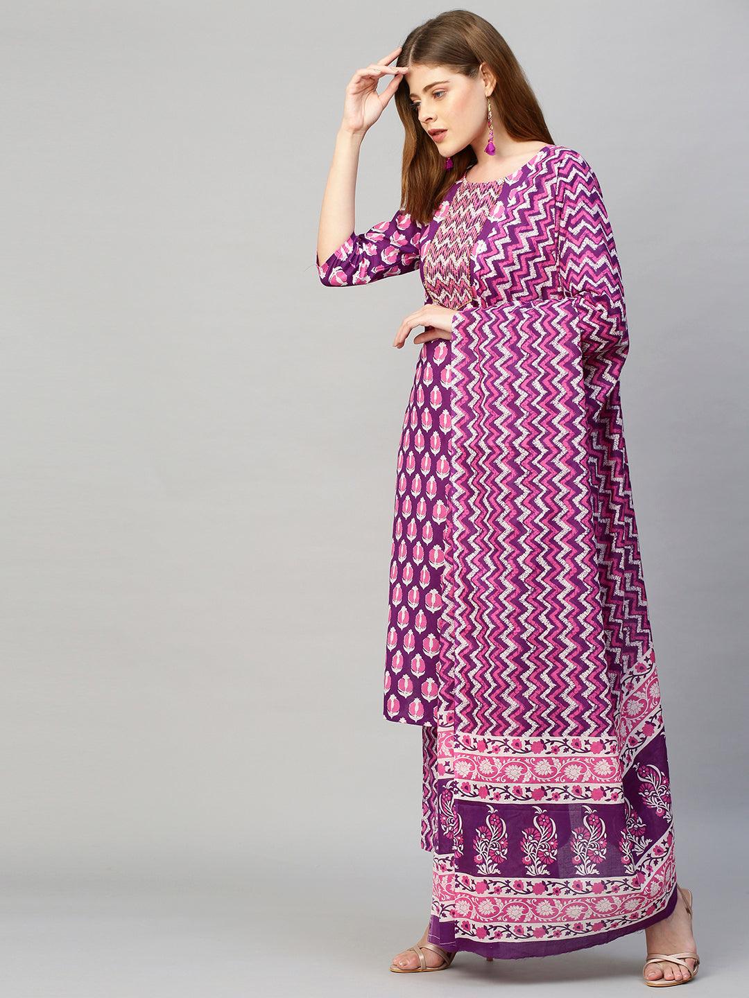 Ethnic Printed & Embroidered Straight Kurta with Pants & Dupatta - Purple - Indiakreations