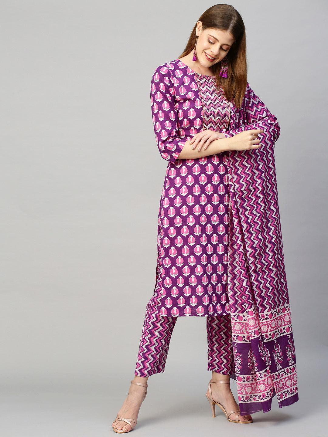 Ethnic Printed & Embroidered Straight Kurta with Pants & Dupatta - Purple - Indiakreations