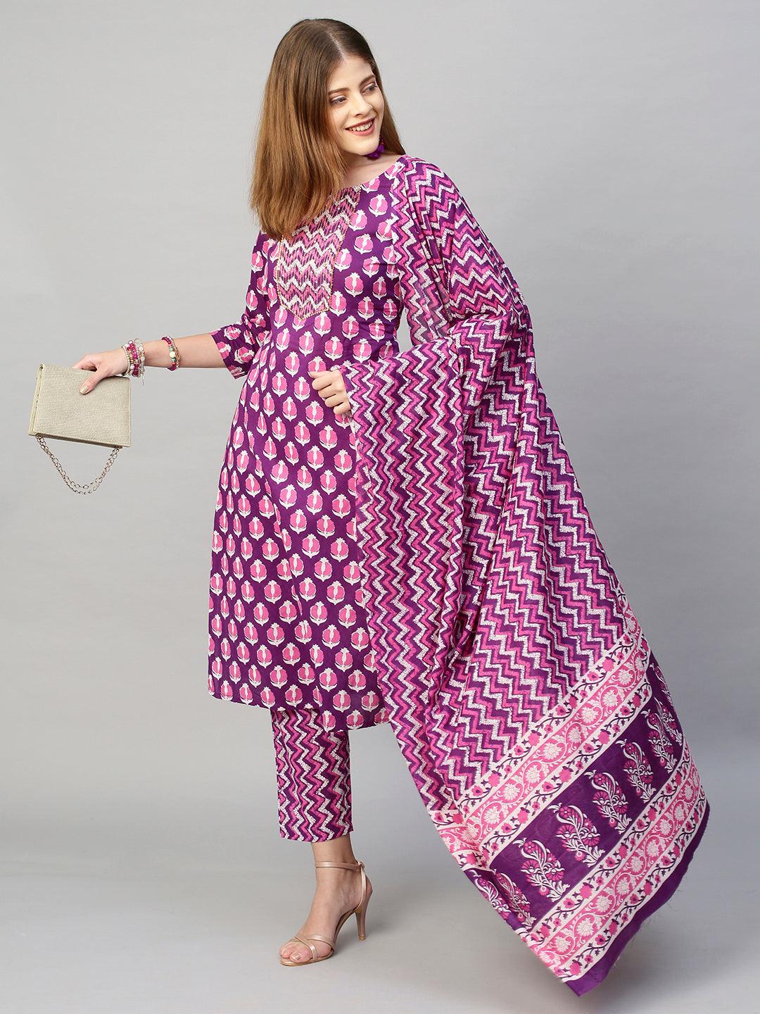 Ethnic Printed & Embroidered Straight Kurta with Pants & Dupatta - Purple - Indiakreations