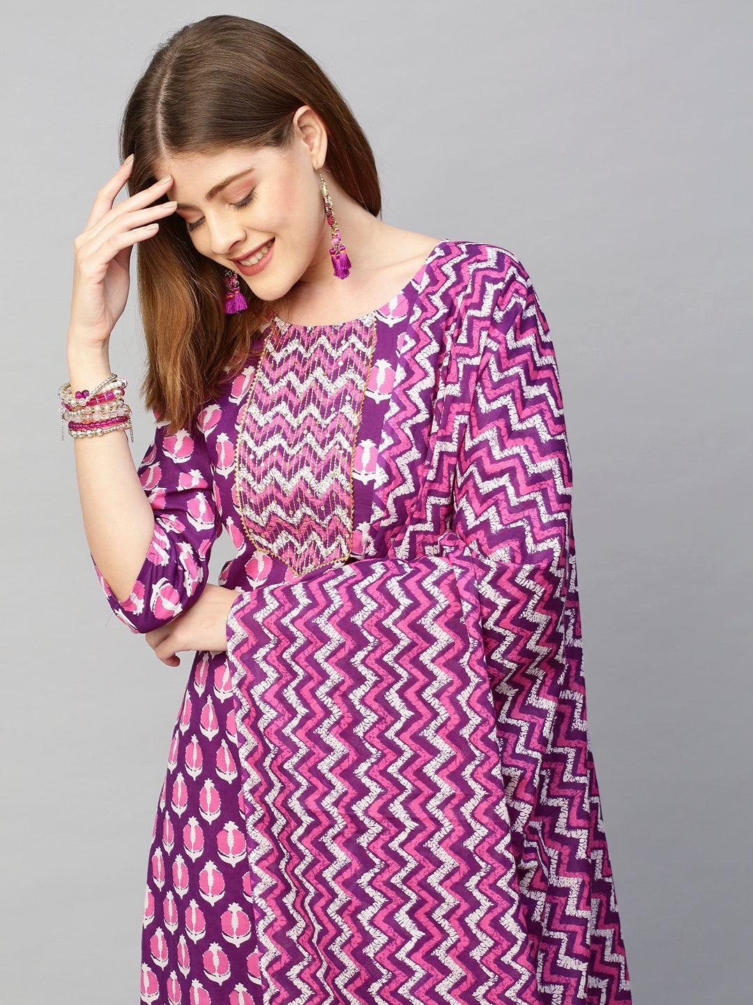 Ethnic Printed & Embroidered Straight Kurta with Pants & Dupatta - Purple - Indiakreations