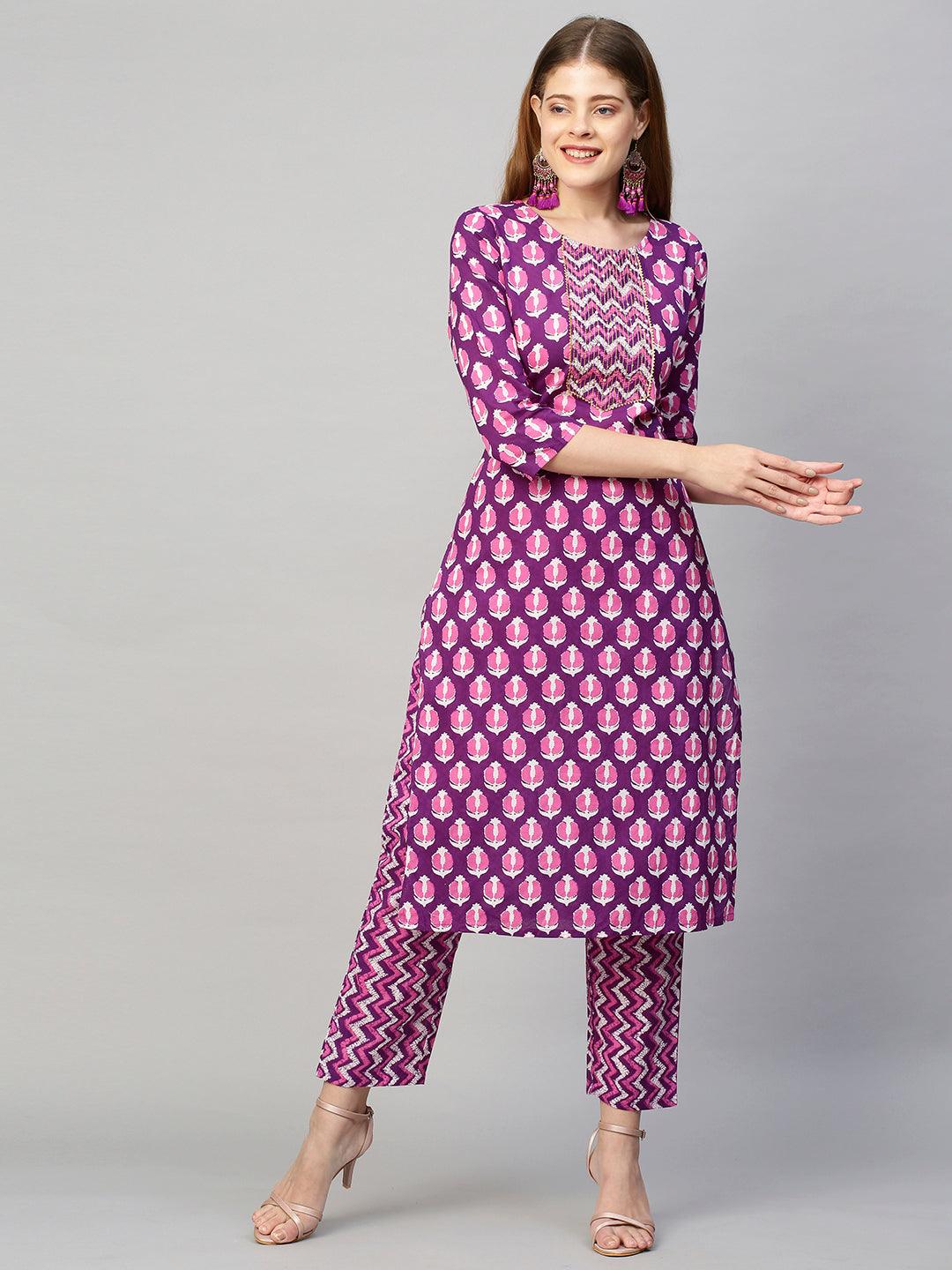 Ethnic Printed & Embroidered Straight Kurta with Pants & Dupatta - Purple - Indiakreations