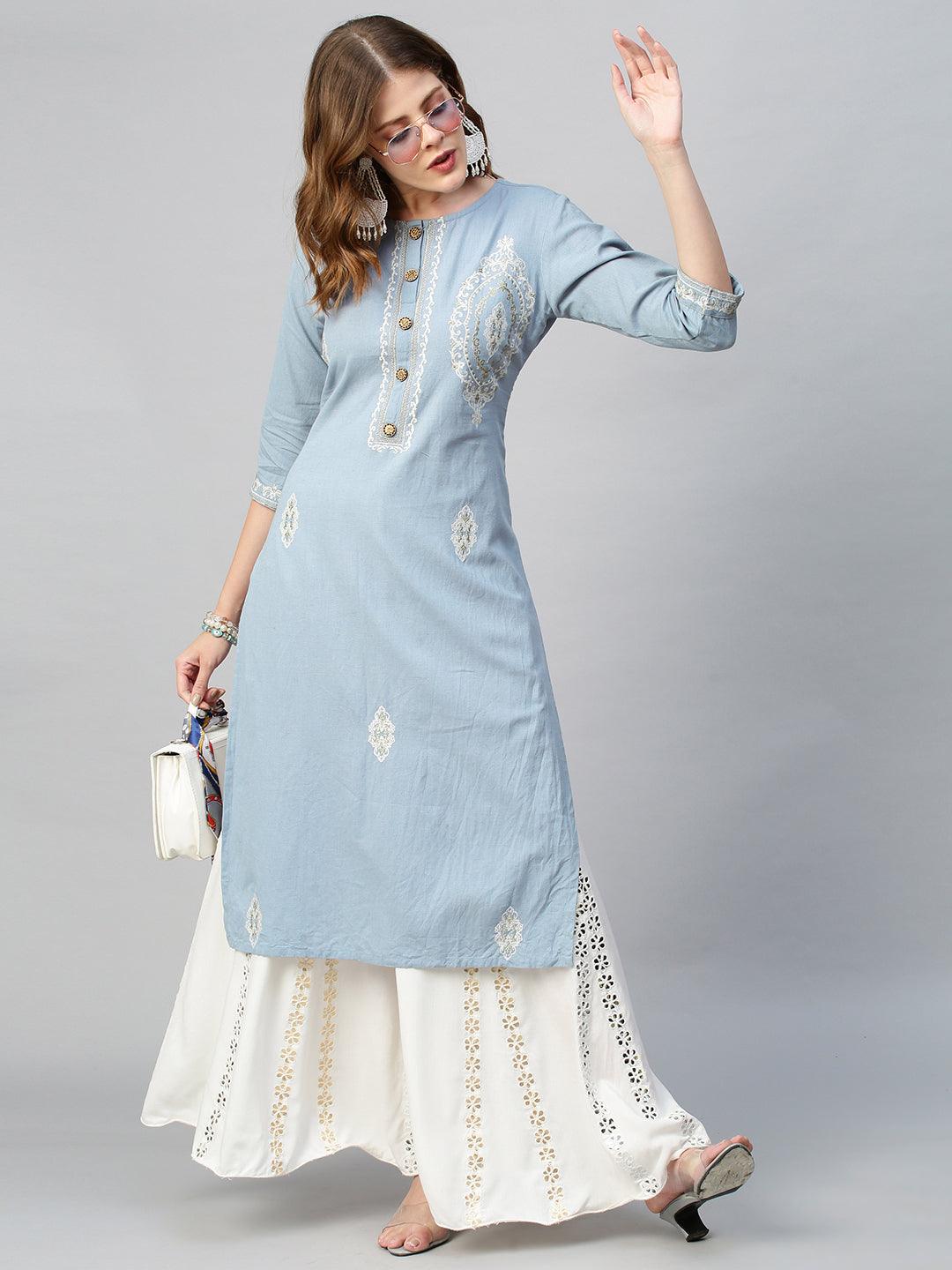 Zari Embroidered Straight Fit Kurta - Cornflower Blue - Indiakreations