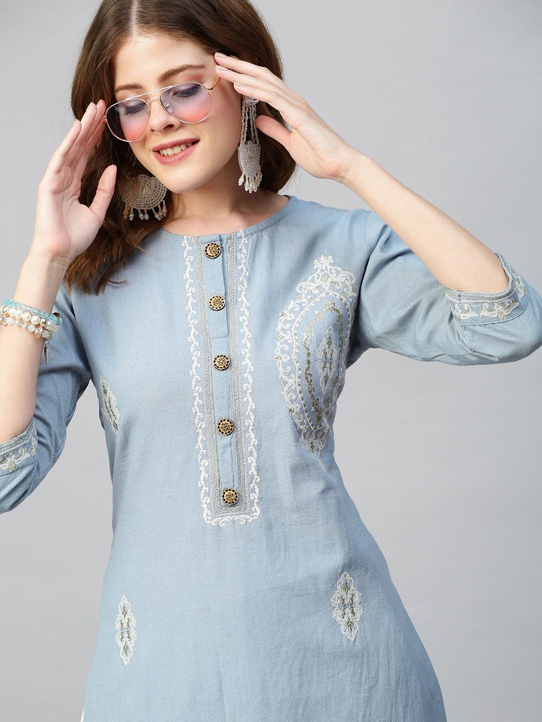 Zari Embroidered Straight Fit Kurta - Cornflower Blue - Indiakreations