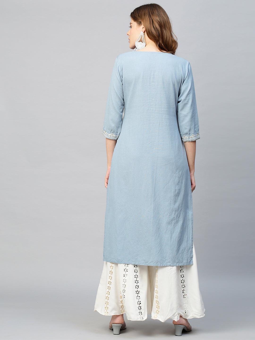 Zari Embroidered Straight Fit Kurta - Cornflower Blue - Indiakreations