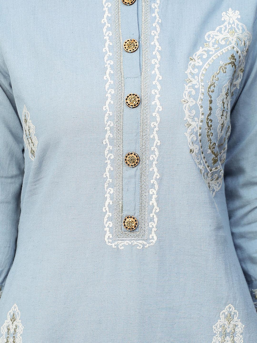 Zari Embroidered Straight Fit Kurta - Cornflower Blue - Indiakreations