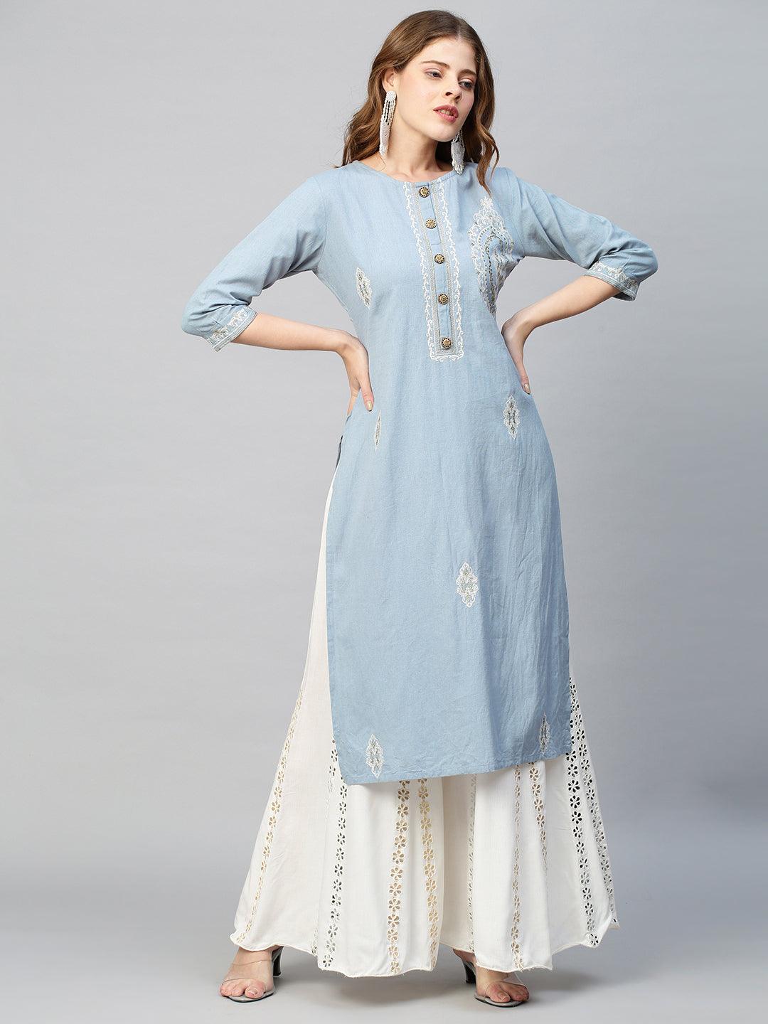 Zari Embroidered Straight Fit Kurta - Cornflower Blue - Indiakreations