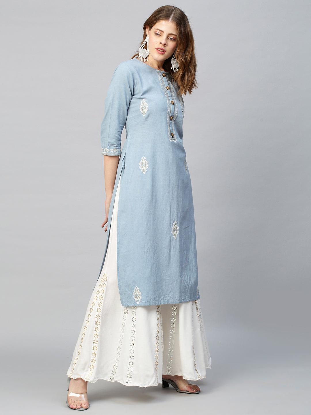 Zari Embroidered Straight Fit Kurta - Cornflower Blue - Indiakreations