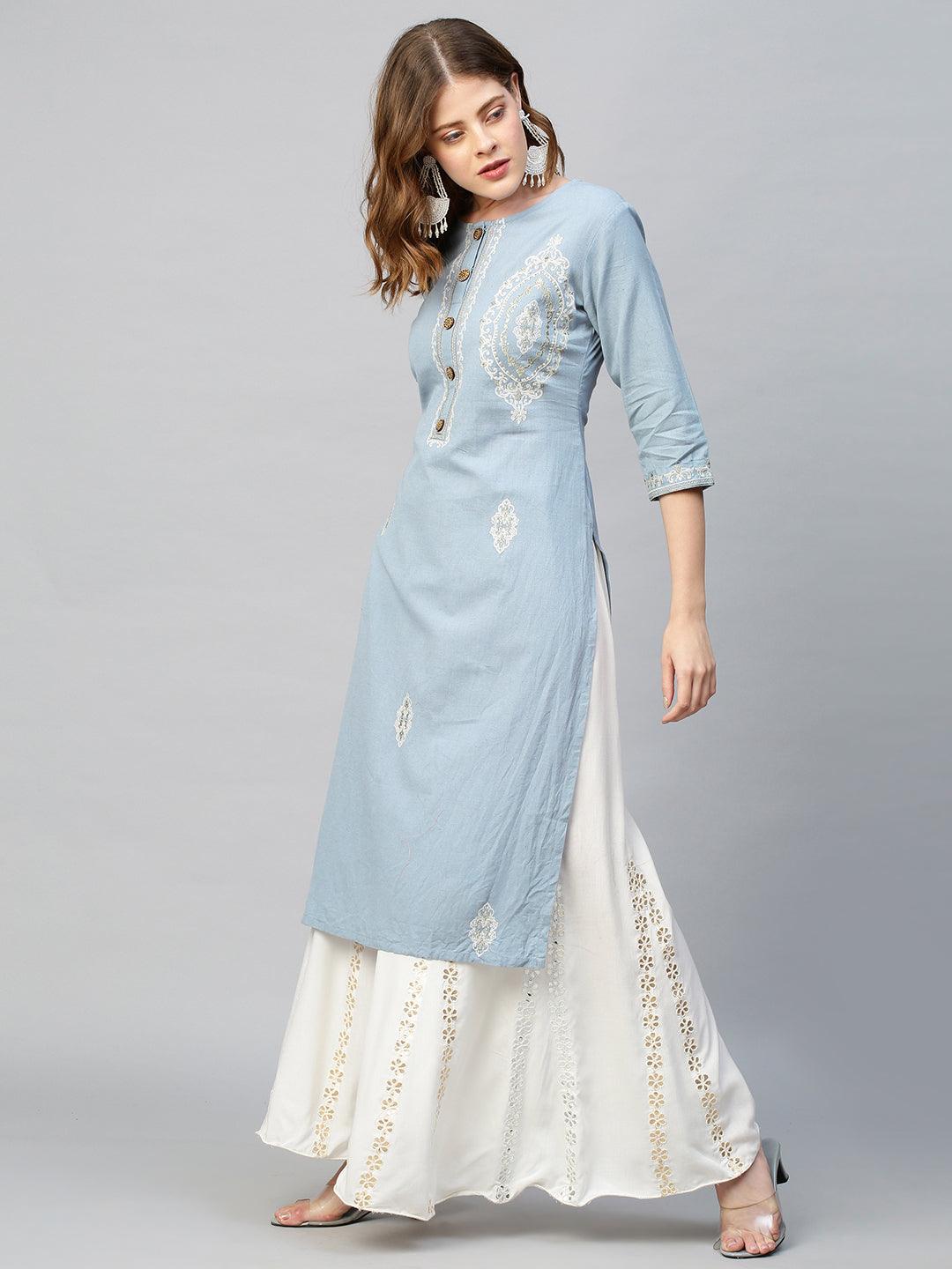 Zari Embroidered Straight Fit Kurta - Cornflower Blue - Indiakreations