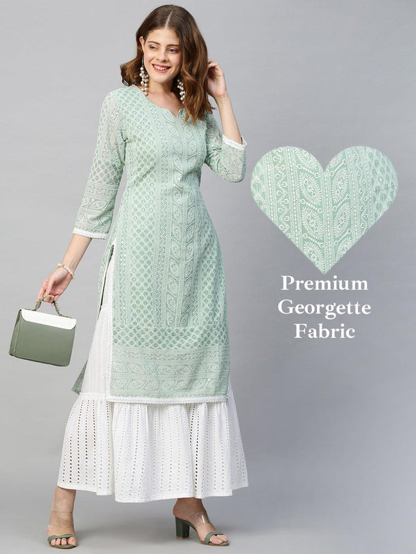 Chikankari Embroidered Straight Fit Kurta - Pastel Green - Indiakreations