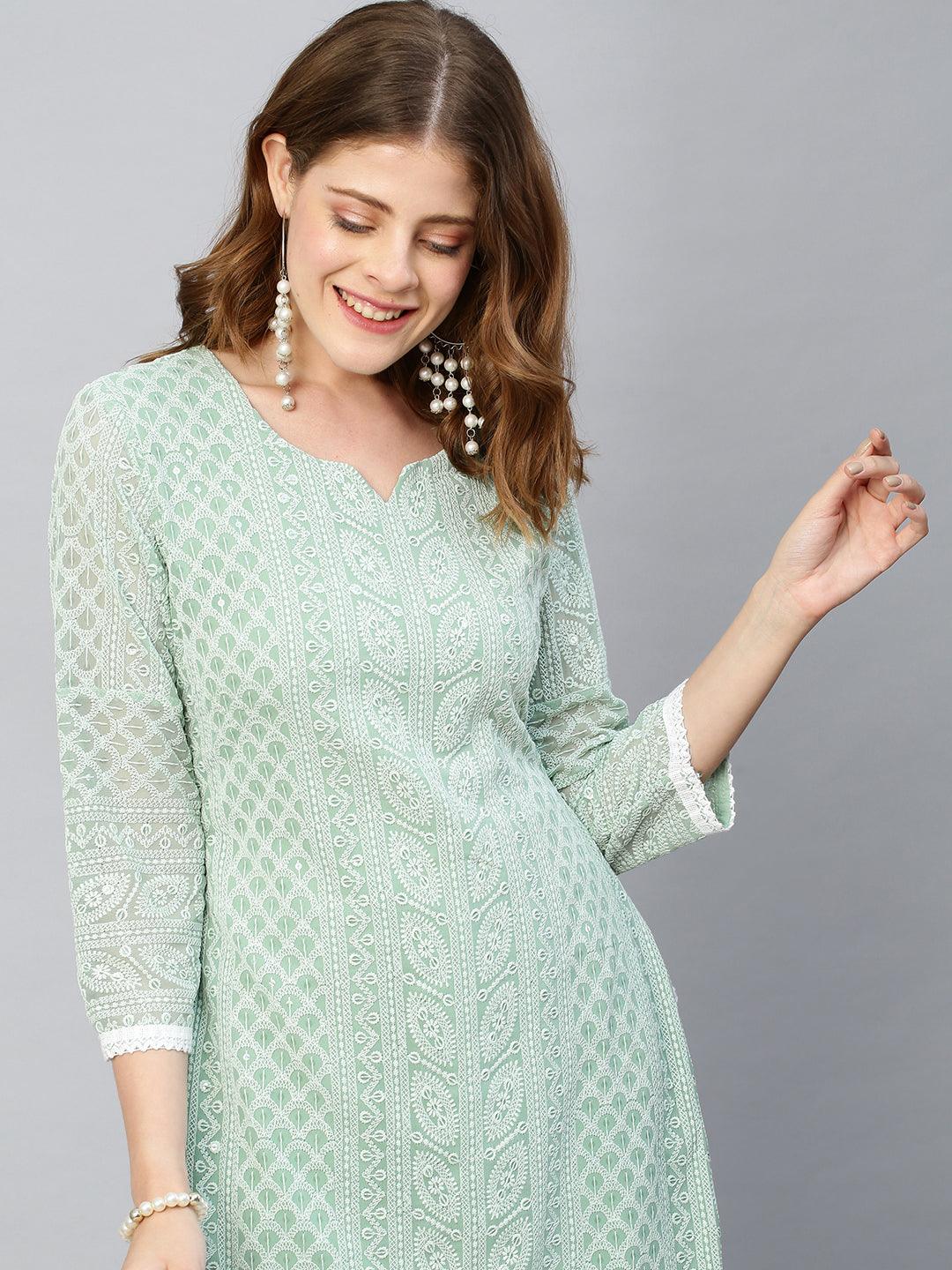 Chikankari Embroidered Straight Fit Kurta - Pastel Green - Indiakreations